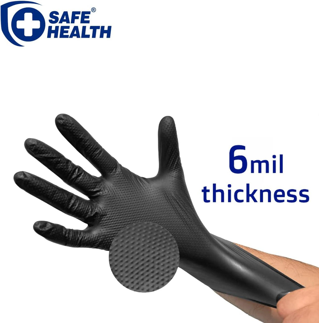 Safe Health Nitrile Industrial Disposable Gloves, Black 6 Mil, Orange 8 Mil, Diamond Textured