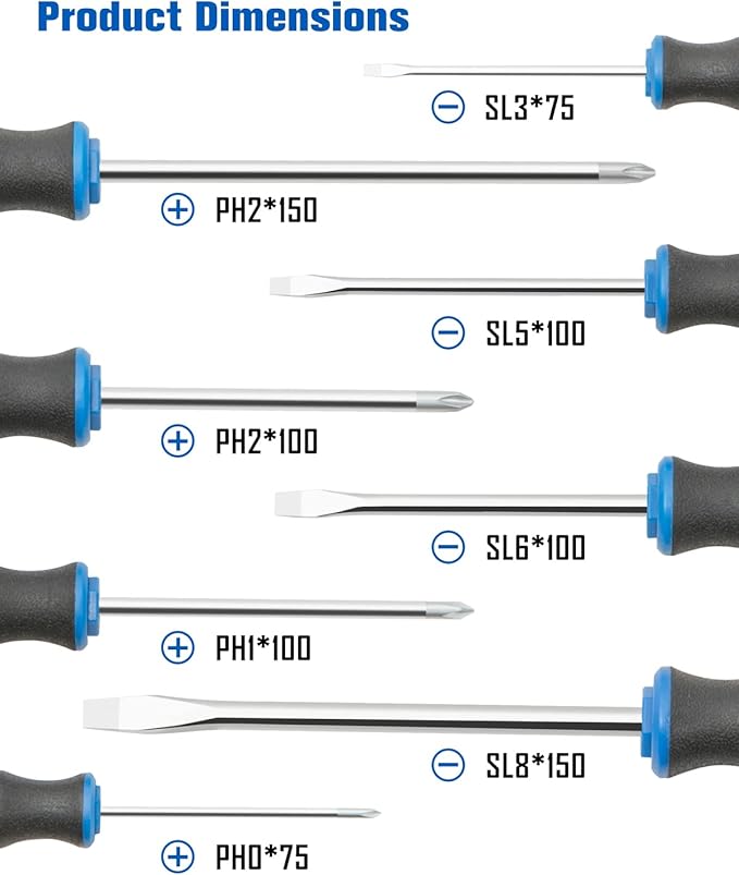 ROTATION 8-Piece Magnetic Screwdrivers Set with Nichrome tip, 4 Phillips and 4 Slotted Tips, Professional Cushion Grip Screwdriver Set with High Torque (8pc_silver tip_gloss)