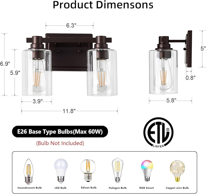 2 Lights Bathroom Lighting Fixtures Over Mirror Oil Rubbed Bronze Bathroom Vanity Light Fixture Farmhouse Vanity Light Vintage for Bedroom Living Room Hallway