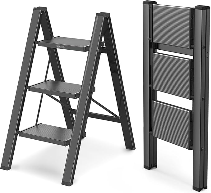 WOA WOA Step Ladder, Portable Lightweight Home Ladder, Folding Step Stool with Widening Pedals, Kitchen Stepladder, Space Save, Easy to Store, 300 lbs Capacity (3 Step, Black)