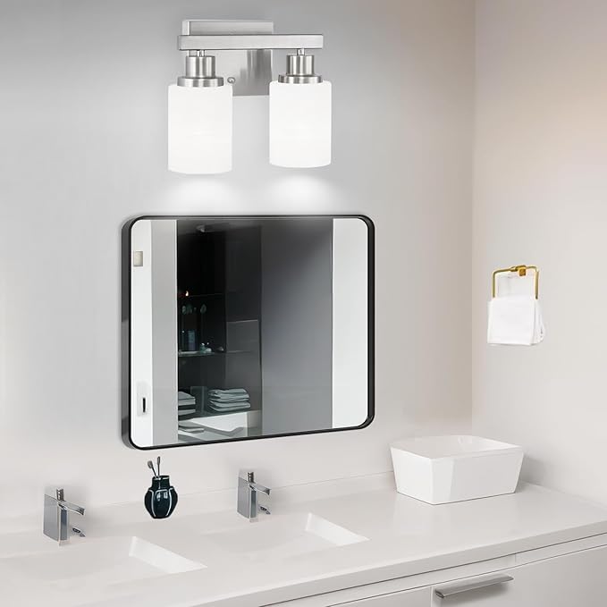 Bathroom Light Fixtures Over Mirror, 2-Light Modern Nickel Vanity Lights with White Glass Shade, Bathroom Wall Lamp Sconces for Mirror Bedroom, Living Room Hallway Small Space
