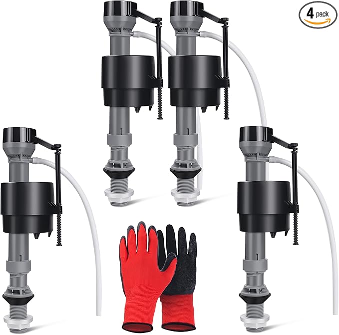 4 Pieces Adjustable Toilet Fill Valve Replacement Kit with Gloves, Quiet Toilet Flush Valve for Tank and Bowl, Universal Toilet Valve Replacement Set (8–13 in, G15/16")