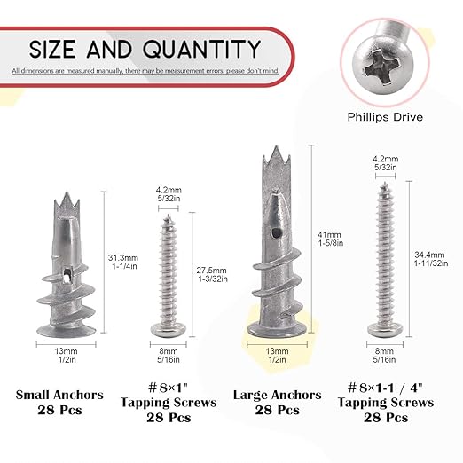 Hilitchi 112-Pieces Large Small Zinc Self Drilling Drywall/Hollow-Wall Anchor Assortment Kit