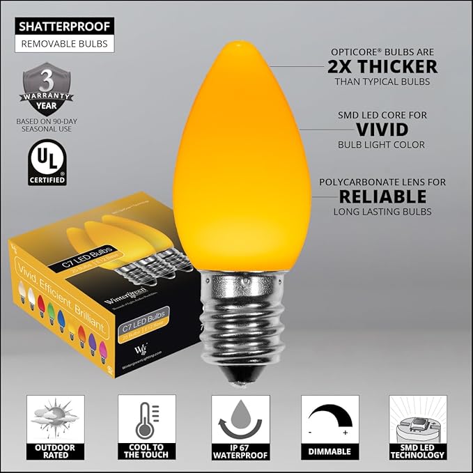 Wintergreen Lighting 25 Pack OptiCore C7 LED Christmas Light Bulbs - Replacement LED Christmas Lights Heavy Duty Premium Outdoor Christmas Lights, E12 Base (Gold Smooth)