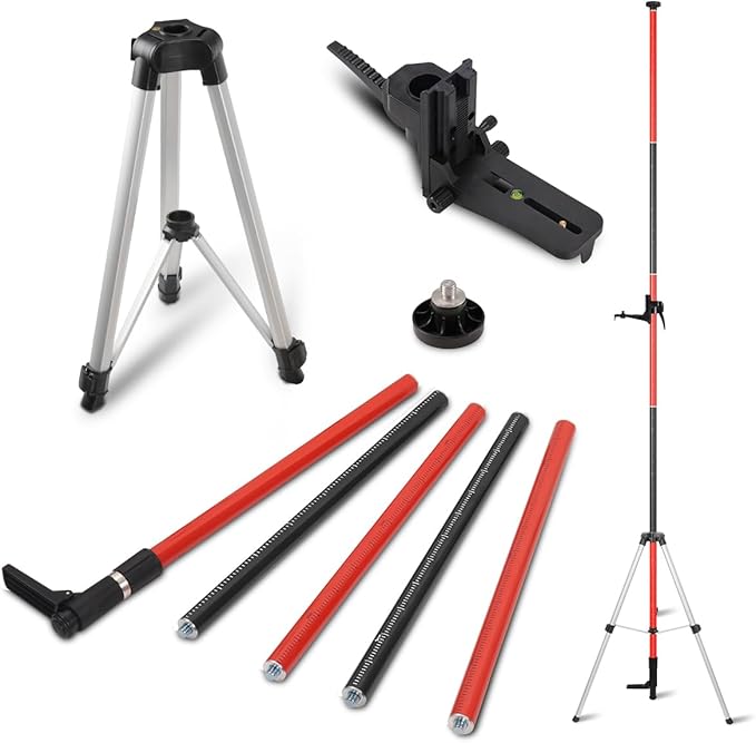 12Ft/3.7M Professional Telescoping Laser Level Pole with Tripod & Universal Mount - 1/4”-20 & 5/8”-11 Adapters | Adjustable Laser Pole Mount for Rotary/Line Lasers(Black&Red)