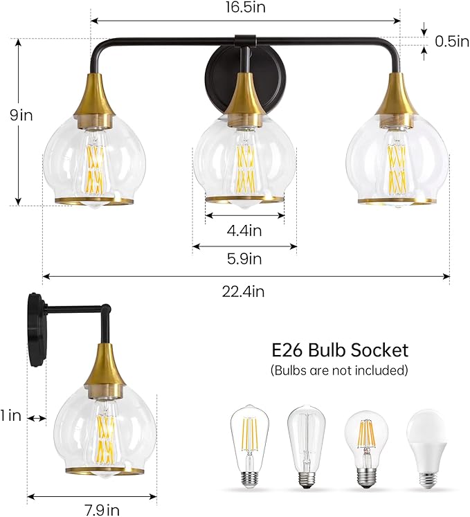 Black and Gold Bathroom Vanity Light 3-Lights Bathroom Light Fixtures Over Mirror with Clear Glass Shade 22.4 inch Wall Sconce Lighting Bath(Exclude E26 Bulb)