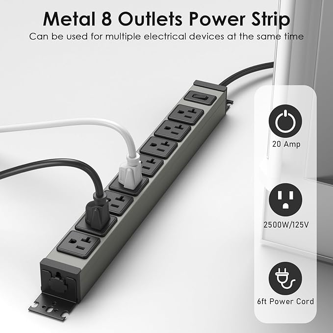 JUNNUJ Heavy Duty Power Strip Wall Mount,Magnetic Power Strip,20 Amp Surge Protector 1200J Metal 8 Outlet Under Desk,Garage Mountable Power Bar Table Socket Industrial Outlets 6-20R T-Slot,6FT 12AWG