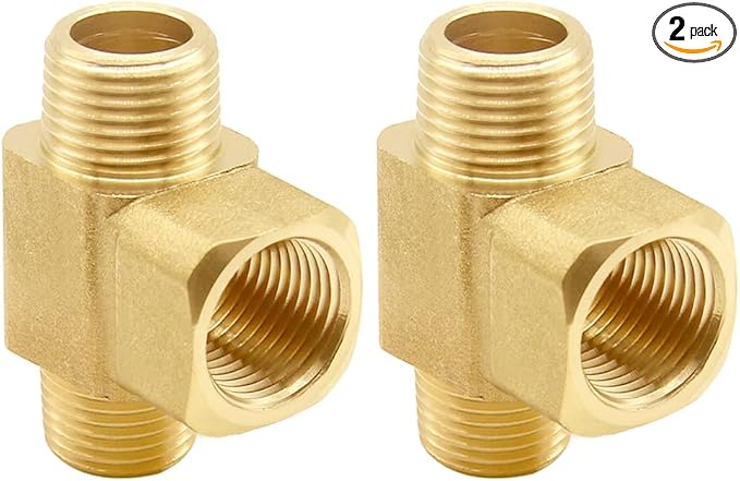 2PCS 3/8 Inch Brass Tee Pipe Fitting 3/8" NPT Male x 3/8" NPT Female x 3/8" NPT Male for Water/Oil/Gas