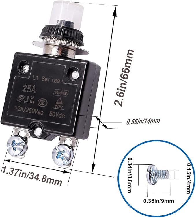 mxuteuk 2Pcs 30Amp Circuit Breakers Push Button Manual Reset 125/250V AC 50V DC, L1 Series Overload Protector Switch Thermal Circuit Breakers with Waterproof Button Caps L1-ls-30A