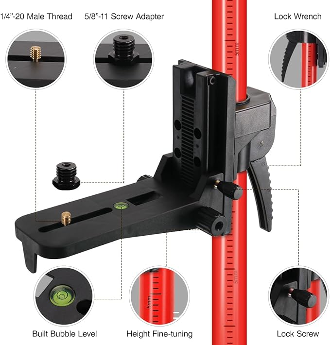 12Ft/3.7M Professional Telescoping Laser Level Pole with Tripod & Laser Mount - 1/4"-20 & 5/8"-11 Adapters, Adjustable Laser Pole Mount for Rotary/Line Lasers(Red)