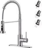 Kitchen Faucets with Pull Down Sprayer: Brushed Nickel 3-Function Kitchen Sink Faucets for 1 or 3 Hole - Stainless Steel Single Handle Spring Kitchen Faucets with Deck Plate for Farmhouse RV Laundry