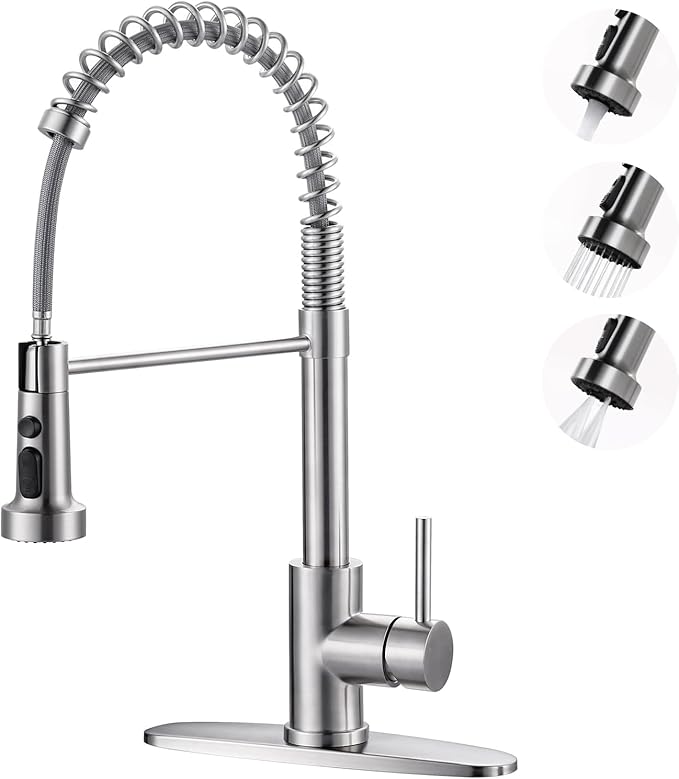 Kitchen Faucets with Pull Down Sprayer: Brushed Nickel 3-Function Kitchen Sink Faucets for 1 or 3 Hole - Stainless Steel Single Handle Spring Kitchen Faucets with Deck Plate for Farmhouse RV Laundry