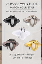 Brushed Nickel 3 inch Recessed LED Lights, 7W 5CCT Gimbal Artwork Soffit Lighting Fixture, 360° Rotatable Swivel Spot Lights, Canless Dimmable Eyeball 90° Tilt, AC120V Fisheye 6 Pack Nickel