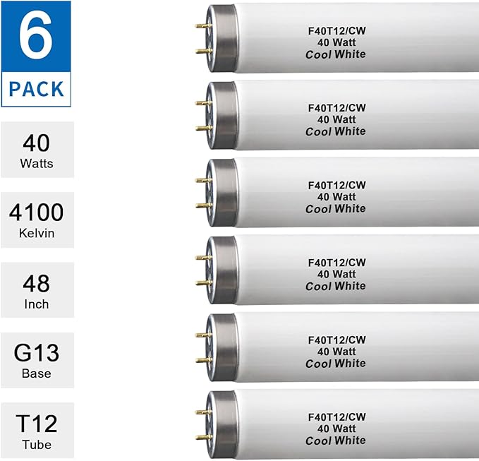(6Pack) T12 4FT Fluorescent Bulb,F40T12/CW 40W 48inch Light Tube,4100K Cool White,Replaces F40T12/CW/Supreme,F40CWX,Medium Bipin(G13) Base, 2600 Lumens