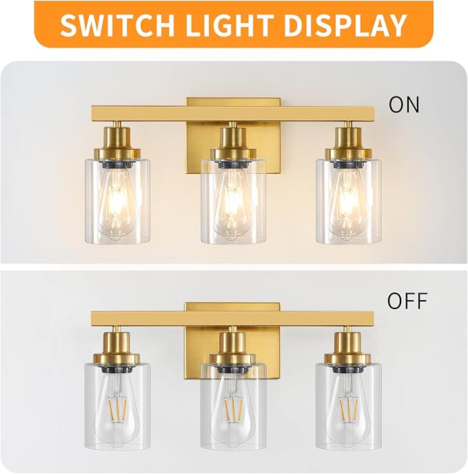 3 Light Gold Bathroom Light Fixtures, Bathroom Vanity Light Over Mirror, Gold Wall Sconce Vanity Lighting with Clear Glass Shade,Modern Farmhouse Bath Wall Lamp for Mirror Kitchen