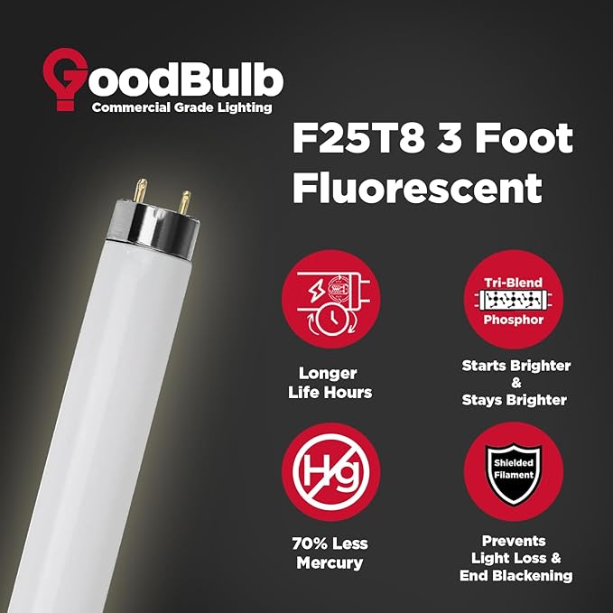 GoodBulb 25W 36 Inch T8 Fluorescent Light Bulb 3500K Soft White Light Color, Medium Bi-Pin Base 2225 Lumens 86 CRI 36000 Life Hours Instant/Programmed Start 25 Bulbs Pack
