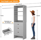 Homieasy 96 Inches Closet Organizer System, 8FT Customizable Walk In Closet Organizer with Hanging Rods, 3 Drawers Garment Rack with Leather Handle , 96" L x 16" W x 75" H, Max Load 1000 LBS, Grey