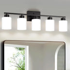 Black Bathroom Light Fixtures, 5-Light Modern Vanity Light Over Mirror, Wall Sconces with Milky White Frosted Glass Shades, E26 Socket (Bulbs Not Included)