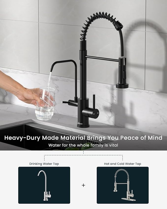 APPASO Black Kitchen Faucet with Drinking Water Faucet, 3 in 1 Pull Down Faucet with Purfied Water Faucet, Single-Handle High Arc Kitchen Water Filter Faucet, Matte Black (Without Filtration Device)