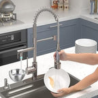 Smart Kitchen Faucet, 3 Modes Pull Down Sprayer, LED Temperature Control, Ceramic Valve,360-Degree Rotation,1 or 3 Hole Deck Plate, Double Spout. 10-Year Warranty. (KW-21SN, Brushed Nickel)