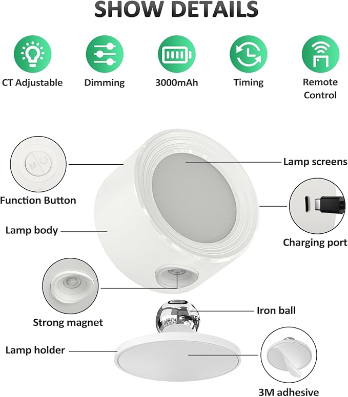 LED Wall Sconces 3 Pcs with Remote, Wall Mounted Lights Rechargeable Battery Operated, 3 Color Temperatures & Dimmable Wall Lamp Magnetic 360° Rotation Light for Bedroom Living Room