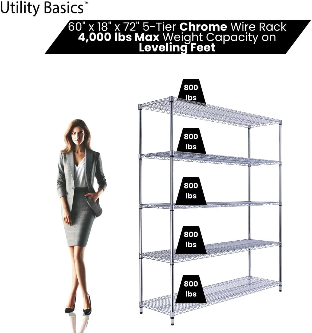 60"x18"x72" Chrome 5-Tier PREMIUM Wire Shelving NSF 4000 LBS MAX CAPACITY Heavy Duty Steel Storage Rack for Warehouses, Garages, Hospitals, Commercial Spaces, & Schools w/PREMIUM WHEELS