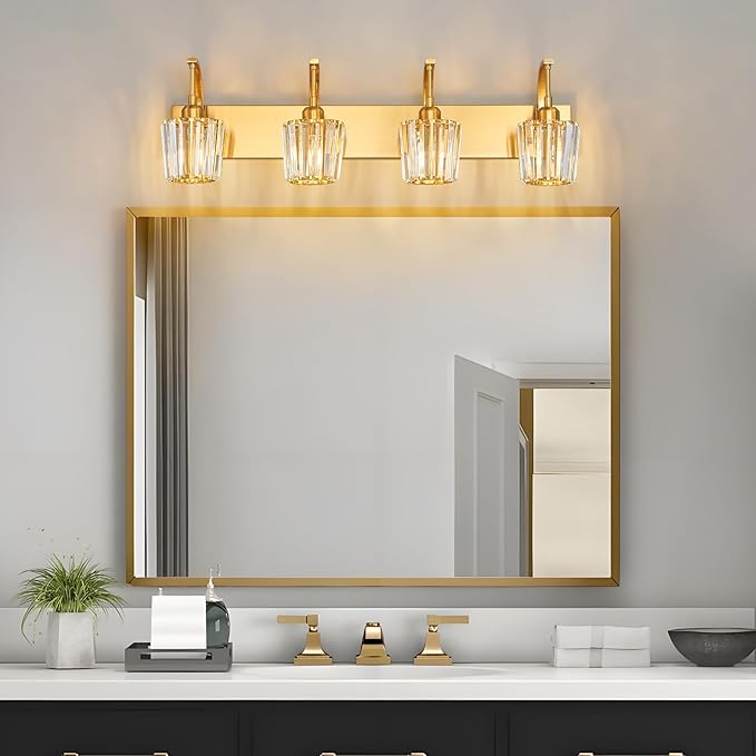 Modern Bathroom Vanity Light, 4-Light Gold Wall Sconce with Crystal Accents, Over Mirror Bathroom Lighting Fixture, 32.67" Long Dimmable Vanity Lamp for Makeup, Easy Installation
