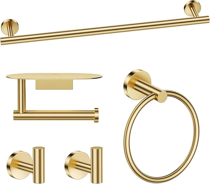 TURS Brushed Gold 5 Piece Bathroom Hardware Set, SUS304 Stainless Steel Bath Towel Bar Set, Bathroom Towel Rack Set Wall Mounted