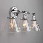 Phansthy 3-Light Wall Sconces Antique Brass Vanity Light, Industrial Wall Lamps with On Off Switch and Clear Glass Lampshade, Vintage Wall Lighting for Bathroom Living Room (Chrome, Cone Shade)