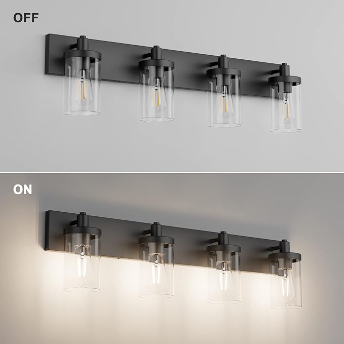 Aipsun Bathroom Vanity Light Farmhouse 4 Light Matte Black Vanity Lighting Fixtures with Clear Glass Shade(Exclude Bulb)