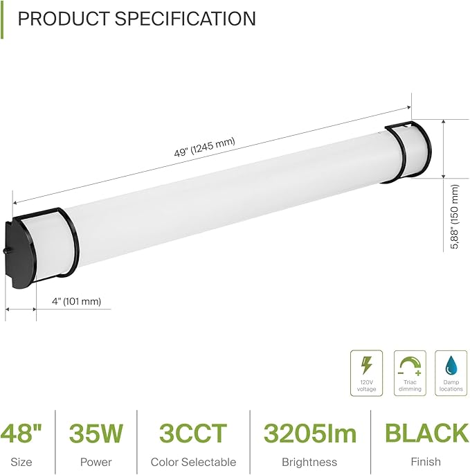 ASD LED 48" Vanity Flush Mount Light Fixture, Linear Bathroom Lighting Bar | 3CCT, Dimmable, Energy Star, ETL Listed | 35W 3200LM 3000-5000K 120V | Long Tube Bath Wall Sconce Over Mirror | Black