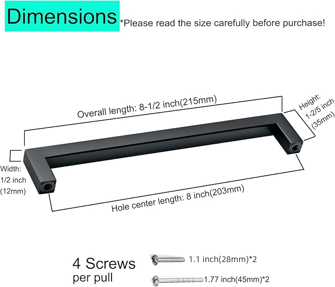 20 Pack Black Handles for Cabinets 8 Inch Stainless Steel Matte Black Square Cabinet Pulls Drawer Handles Cupboard Handles Modern Kitchen Cabinet Hardware