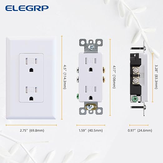 ELEGRP Decorator Wall Receptacle Outlet, Tamper Resistant 15A 125V Standard Electrical Wall Outlet, Residential Grade, Self-grounding, with Screwless Wall Plate, UL (50 Pack, Glossy White)