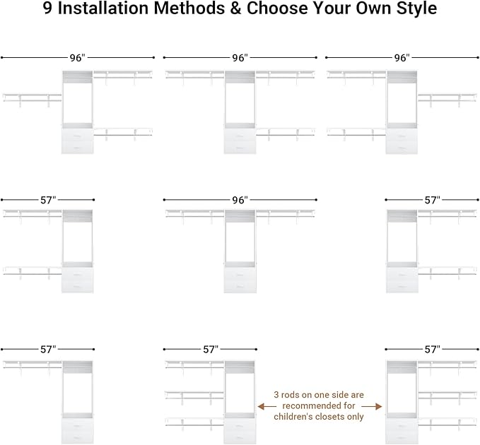 Cyclysio 8 FT Hanging Closet Organizer, 96 Inch Closet Organizer and Storage with 4 Adjustable Rods and 3 Shelving Towers, Wardrobe with Drawers for 4-8FT Spaces(Cut-to-Fit), White