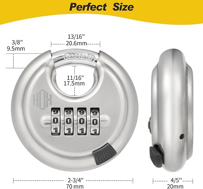 HOX Combination Lock, 4 Digit Disc Padlock with 3/8 Inch Hardened Steel Shackle, 2-3/4 Inch Wide Body, Keyless Heavy Duty Combo Lock for Hasp Latch, Sheds, Fences, Storage Locker (2 Pack)
