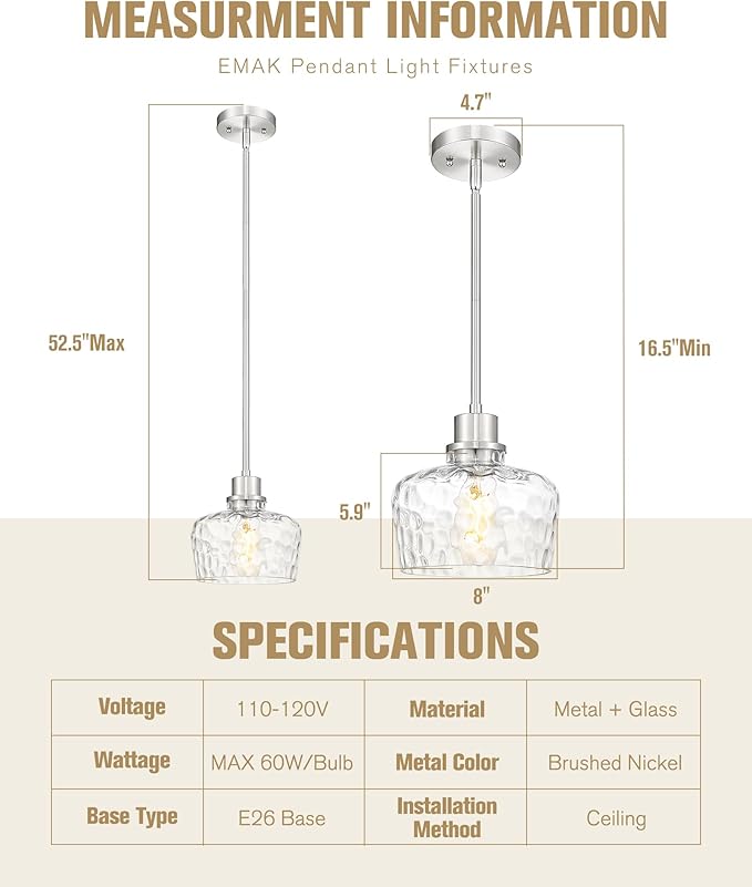 Emak Brushed Nickel Pendant Light Fixtures, 8 Inch Hammered Glass Pendant Lights Kitchen Island, Modern Hanging Light Fixture for Kitchen,Dining Room, Bathroom, PL122-BN-HG