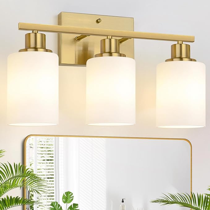 3-Light Bathroom Light Fixtures, Brushed Gold Vanity Light with Milky White Shades, Bathroom Lighting Fixtures Over Mirror, Modern Bathroom Wall Lamp for Mirror Living Room Cabinet Bedroom