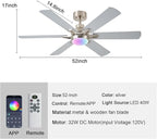 52in Ceiling Fans with Lights RGB Ceiling Fan with Light and Remote/APP Control,Low Profile Ceiling Fans with Lights for Bedroom,Living Room,Kids Room,3CCT Dimmable Modern Ceiling Fan, 8 Speeds,Nickel
