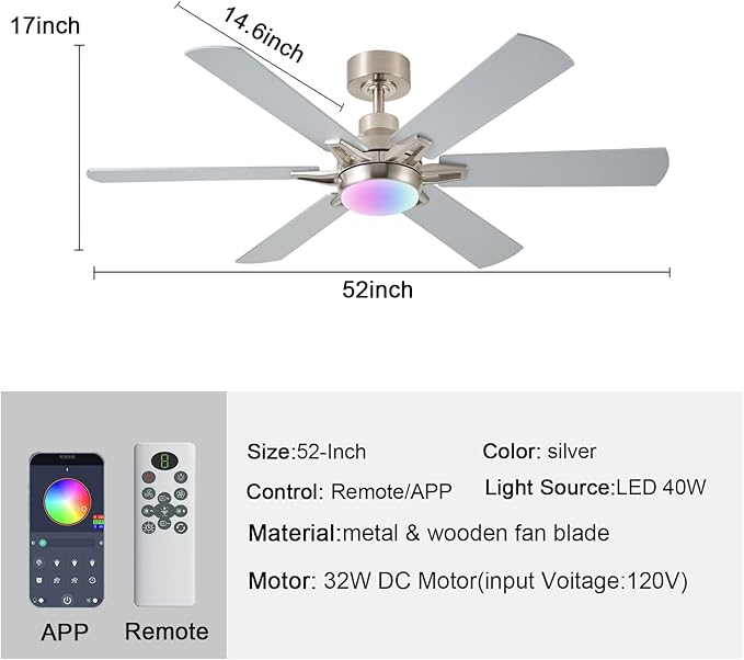 52in Ceiling Fans with Lights RGB Ceiling Fan with Light and Remote/APP Control,Low Profile Ceiling Fans with Lights for Bedroom,Living Room,Kids Room,3CCT Dimmable Modern Ceiling Fan, 8 Speeds,Nickel