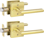 HOSOM Gold Door Knob with Lock Satin Brass Privacy Interior Door Handle Brushed Gold Door Handles for Bedroom Bathroom Keyless Reversible Door Lever Knob for Left & Right Handled Doors, 2 Pack