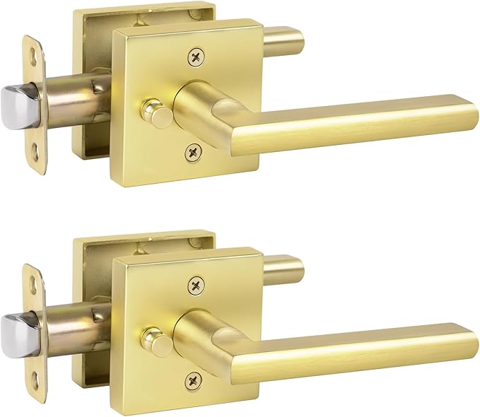HOSOM Gold Door Knob with Lock Satin Brass Privacy Interior Door Handle Brushed Gold Door Handles for Bedroom Bathroom Keyless Reversible Door Lever Knob for Left & Right Handled Doors, 2 Pack