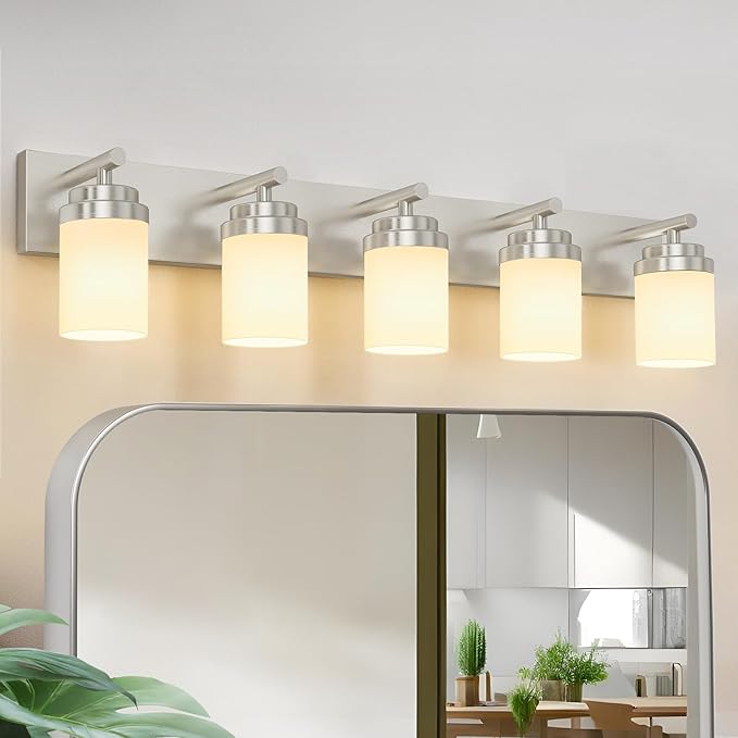 IZORRO Bathroom Vanity Light Fixture, 5-Light 36 Inch Brushed Nickel Bathroom Light Fixtures Over Mirror, with White Glass Shade, Modern Farmhouse Vanity Lights, Rustic Restroom Lighting Fixtures