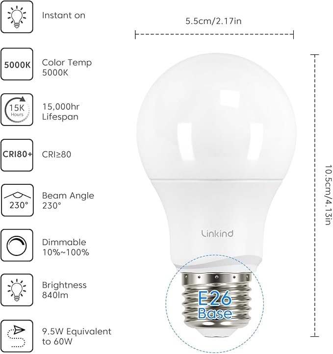 Linkind A19 LED Light Bulbs Dimmable, 60W Equivalent Light Bulbs, E26 Base, 5000K Daylight, 9.5W 840 Lumens 120V, UL Listed FCC Certified, LED Lights for Bedroom Living Room Home Office, 12 Packs
