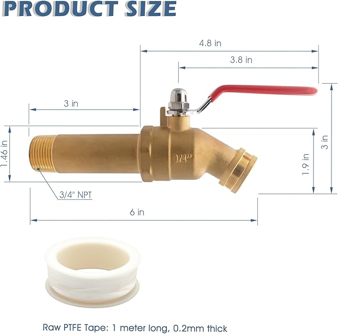 Water Heater Drain Valve 3/4" MNPT Full Port - Brass Sediment Flush Valve with 3 Inch Shank, 180° Handle Garden Hose Adapter Hot Water Heater Replacement Parts Fast Drain Tool Kit