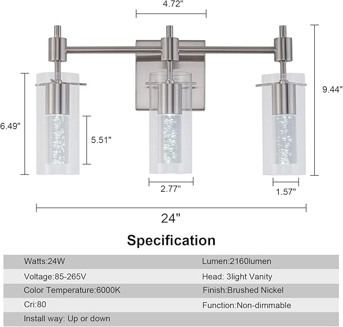 LED Vanity Lights - 24" Modern Bathroom Light Fixtures, 3-Light Brushed Nickel Vanity Light with Crystal Bubble & Clear Glass Shade, 24W Bathroom Lighting Fixtures Over Mirror