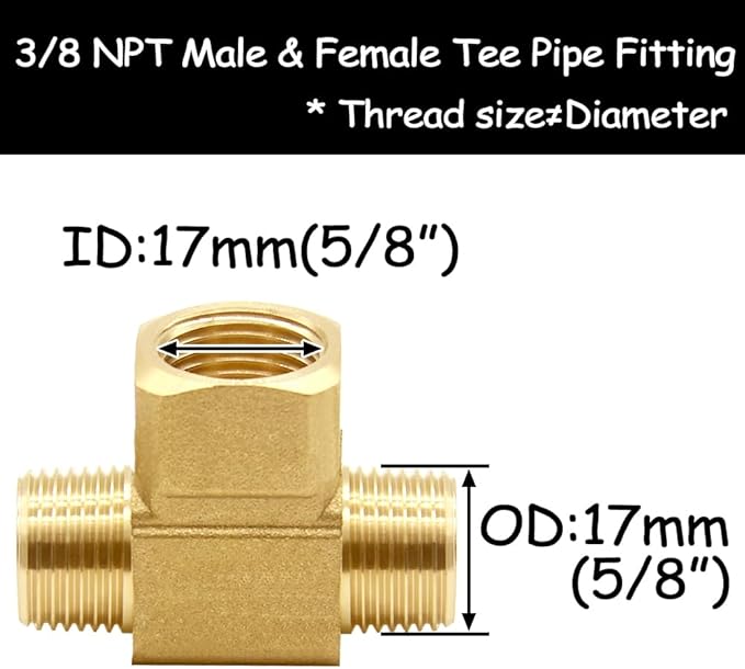2PCS 3/8 Inch Brass Tee Pipe Fitting 3/8" NPT Male x 3/8" NPT Female x 3/8" NPT Male for Water/Oil/Gas
