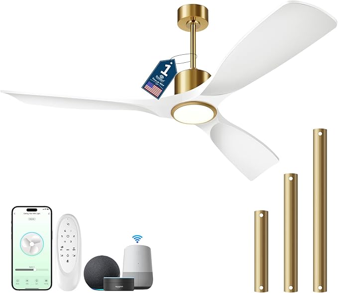 52" White and Gold Ceiling Fan with Lights,Smart Ceiling Fan Work with Alexa/Gg/App/Remote,3-Color Light Dimmable 6-Speed Quiet Reversible DC Motor for Patio Porch Bedroom