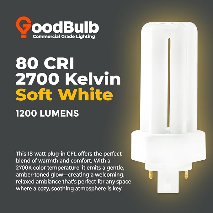 GoodBulb 18 Watt CFL Light Bulbs 4 Pin GX24Q-2 Base 2700K Soft White 18W High Output 1200 Lumens Triple Tube Compact Fluorescent Light Bulbs Plug-in 10 Pack