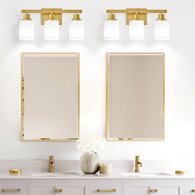 Bathroom Vanity Light,3-Light Gold Modern Bathroom Light Fixtures with Square Frosted Glass,Gold Wall Lamp Sconces for Mirror Bedroom,Living Room Hallway, E26