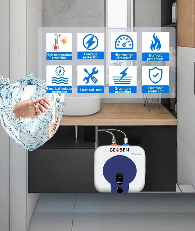 2.5 Gallon Mini Hot Water Heater 1500W, Small Under Sink Counter RV TR Endless Trailer Kitchen Compact Point-of-Use, 16” Long 1/2”FIP Stainless Steel Water Hoses 9L